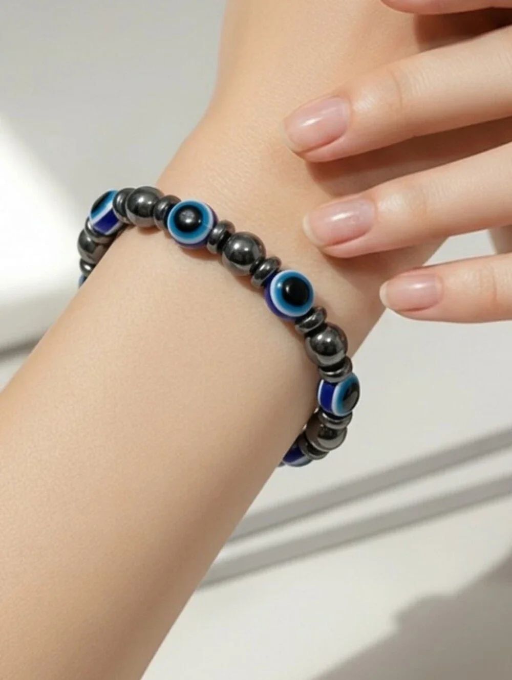 Hematite Evil Eye Blue Beaded Bracelet | Protective Stretch Charm Jewelry NWT